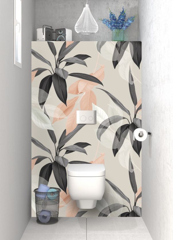 Décor de salle de bain végétal élégant avec plantes de couleurs noir, gris, rose et blanc