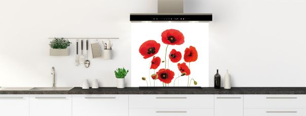 fond de hotte décoré de coquelicots rouges et d'un motif floral épuré.