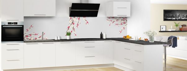 Crédence de cuisine Arbre fleuri couleur Gris perle panoramique motif inversé en perspective