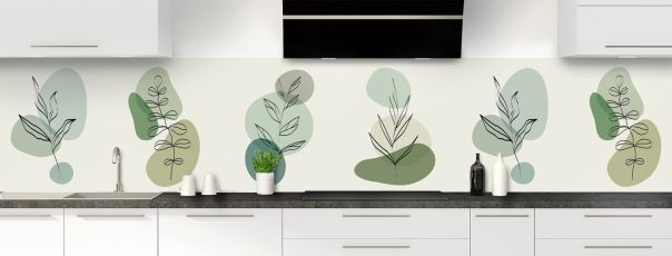 Visuel déco de crédence épurée aux couleurs douces dans les tons vert gris avec dessins de feuilles de plantes