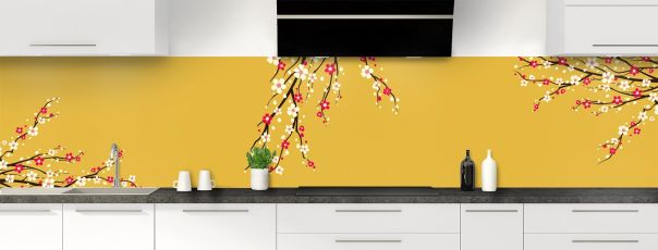 Crédence de cuisine Arbre fleuri couleur Curcuma panoramique motif inversé