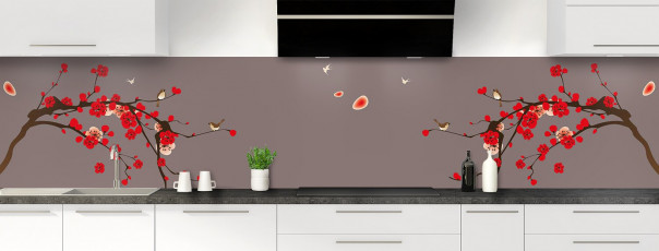 Crédence de cuisine Cerisier japonnais couleur taupe panoramique motif inversé