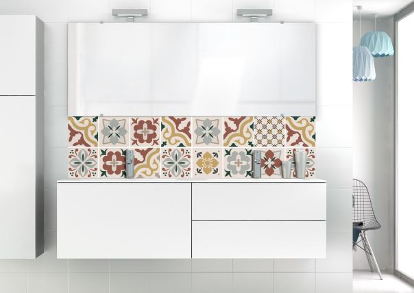 Décor mural de lavabo en carreaux de ciment vintage avec motifs vert et orange en faïence