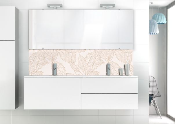 Revêtement mural de lavabo déco avec motif de feuilles végétales sur fond de couleur rose pastel