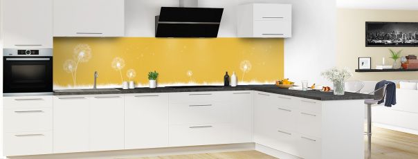 Crédence de cuisine Pissenlit au vent couleur Curcuma panoramique en perspective