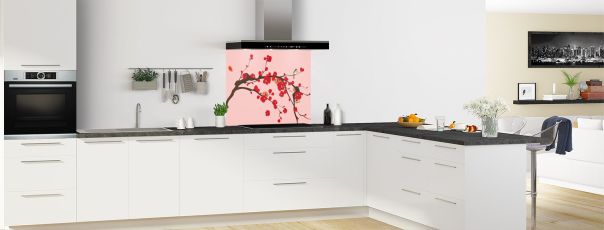 Crédence de cuisine Cerisier japonnais couleur Quartz rose fond de hotte en perspective