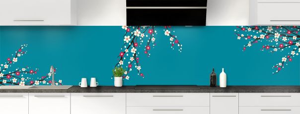 Crédence de cuisine Arbre fleuri couleur Bleu paon panoramique motif inversé