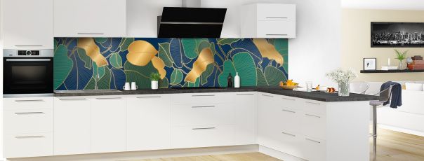 Crédence de cuisine Feuilles dorées vert panoramique motif inversé en perspective