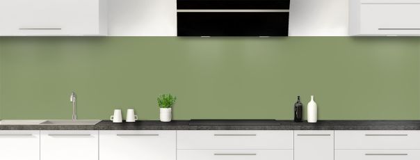 Crédence de cuisine vert sauge, brillante sur polycarbonate ou mate sur aluminium, à coller sur tous supports et sur mesure.
