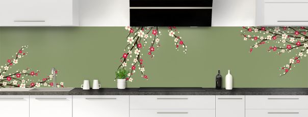 Crédence de cuisine Arbre fleuri couleur Vert sauge panoramique motif inversé