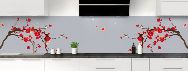 Crédence de cuisine Cerisier japonnais couleur gris métal panoramique motif inversé