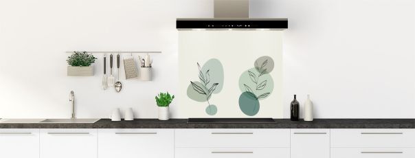 Visuel déco de fond de hotte épuré aux couleurs douces dans les tons vert gris avec dessins de feuilles de plantes