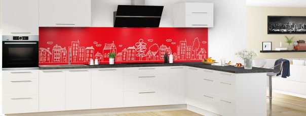 Crédence de cuisine Dessin de ville couleur Rouge vermillon panoramique motif inversé en perspective