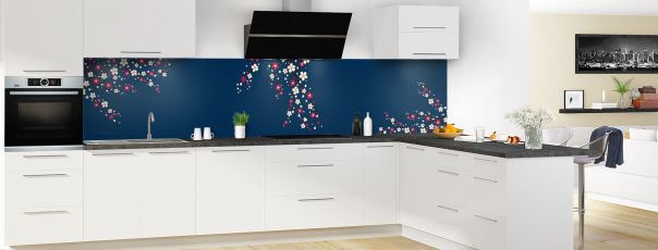 Crédence de cuisine Arbre fleuri couleur Bleu nuit panoramique en perspective