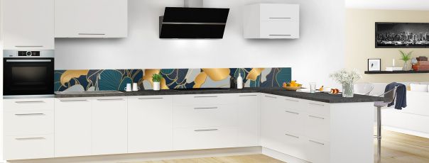 Crédence de cuisine Feuilles dorées bleu frise en perspective