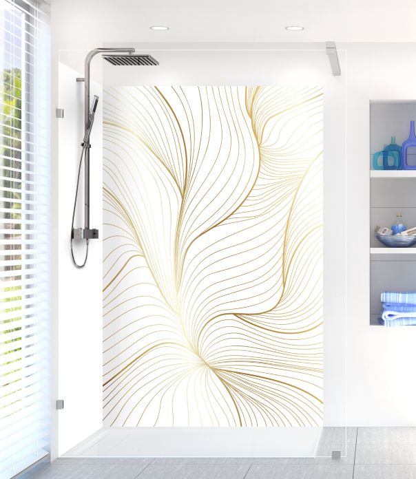 Déco de douche personnalisée aux lignes dorées avec motif floral abstrait sur fond de couleur au choix 