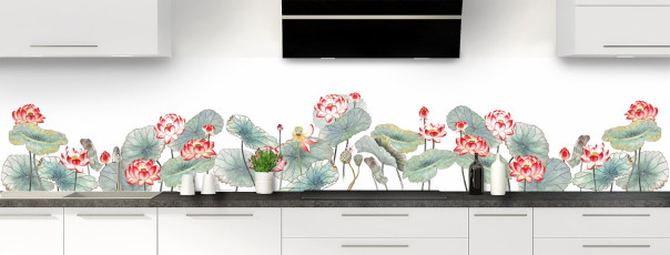 Illustration zen de crédence avec dessin de fleurs de lotus et décor végétal