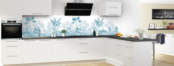 Crédence de cuisine Forêt tropicale couleur Bleu paon panoramique en perspective