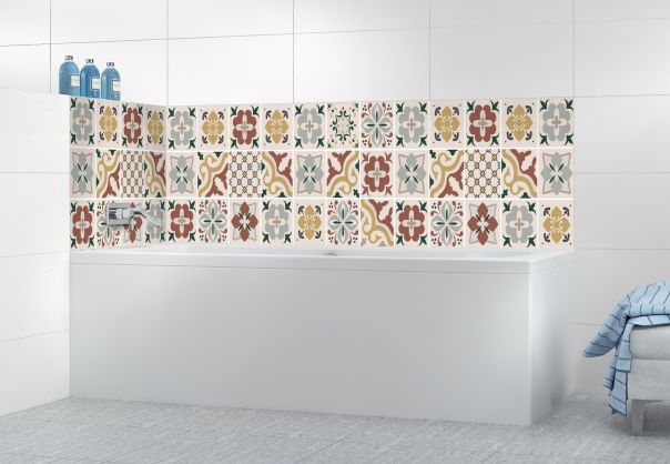 Panneau de bain Carreaux de ciment contemporain Vert et orange motif inversé