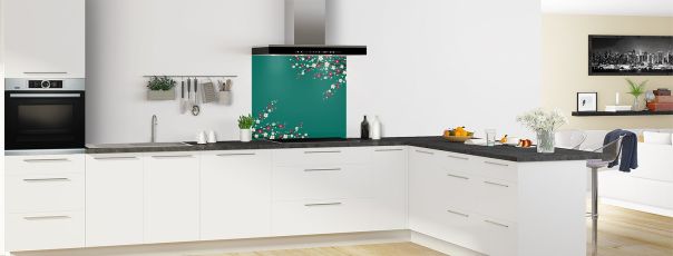 Crédence de cuisine Arbre fleuri couleur Vert jade fond de hotte motif inversé en perspective