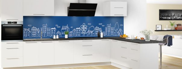 Crédence de cuisine Dessin de ville couleur Bleu électrique panoramique motif inversé en perspective