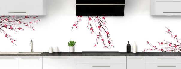 Illustration zen d'une crédence avec un arbre fleuri aux branches et fleurs rouges