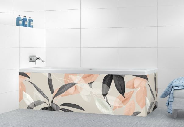 Décor de salle de bain végétal élégant avec plantes de couleurs noir, gris, rose et blanc