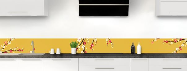 Crédence de cuisine Arbre fleuri couleur Curcuma frise motif inversé