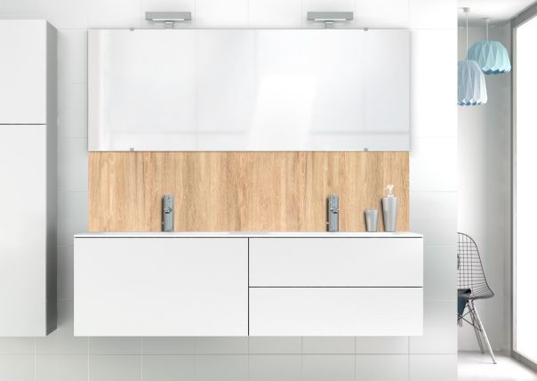 Décor devant lave main effet bois chene clair pour une salle de bain chaleureuse et moderne