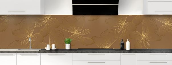 Crédence de cuisine Fleurs dorées couleur Cannelle panoramique motif inversé