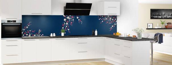 Crédence de cuisine Arbre fleuri couleur Bleu nuit panoramique motif inversé en perspective