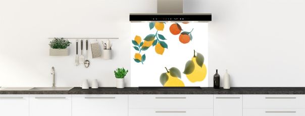 fond de hotte avec des dessins d'agrumes et de fruits en illustration.