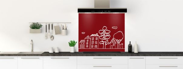 Crédence de cuisine Dessin de ville couleur Rouge grenat fond de hotte motif inversé
