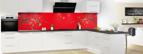 Crédence de cuisine Cerisier japonnais couleur rouge vif panoramique motif inversé en perspective