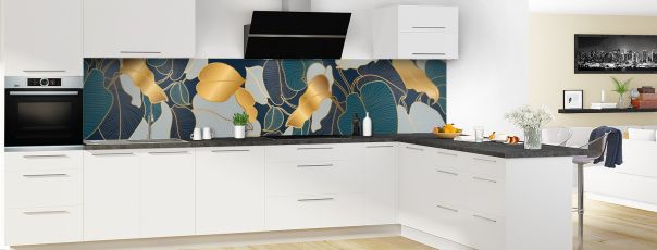 Crédence de cuisine Feuilles dorées bleu panoramique motif inversé en perspective