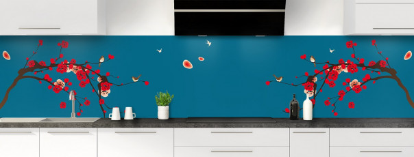 Crédence de cuisine Cerisier japonnais couleur bleu baltic panoramique