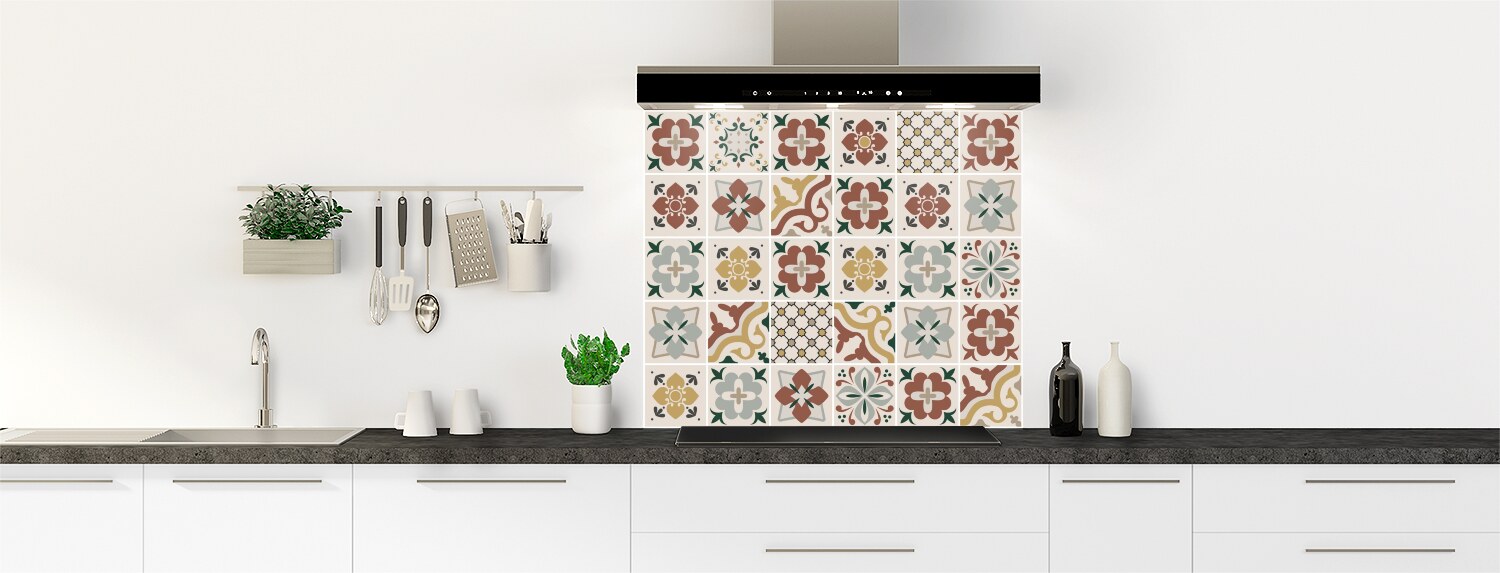 Fond de hotte Carreaux de ciment contemporain Vert et orange, C-macrédence