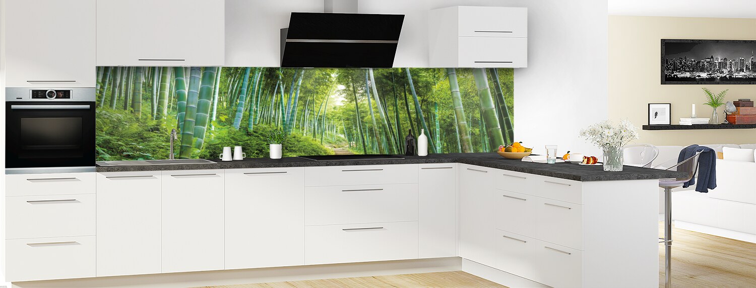 Crédence De Cuisine En Verre 125x50 Cm - Motif Art Bambou Tige Fleur Pierres, Style Moderne, Neuve